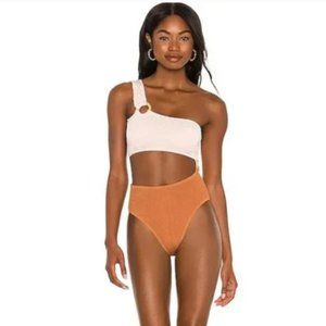 Cleonie Sky & Natural Shell One Piece O/S Swimsuit Crinkled One Shoulder NWT